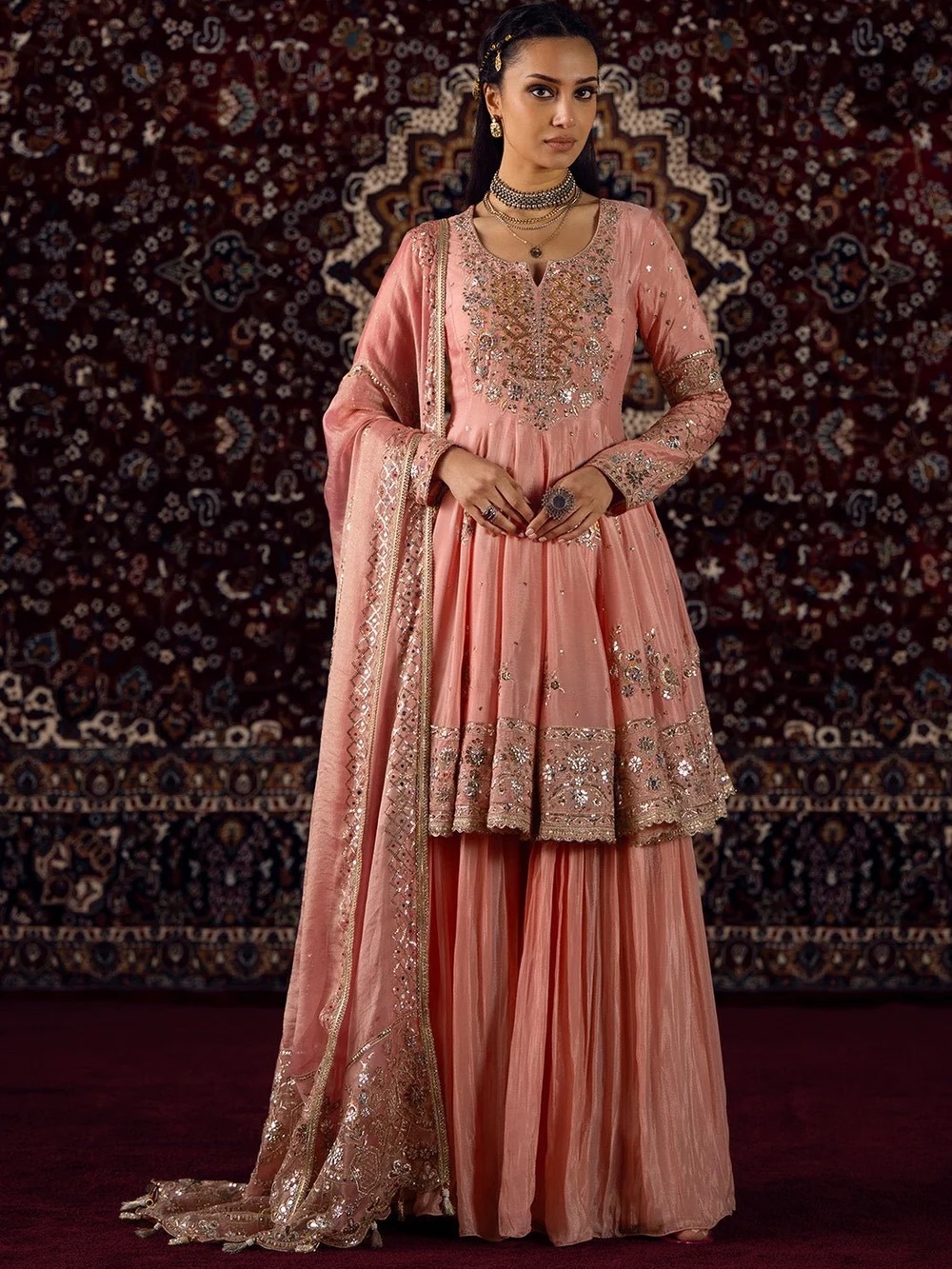 Lashkaraa Peachy Pink Embroidered Viscose Chinon Sharara. NWT. Size Large.